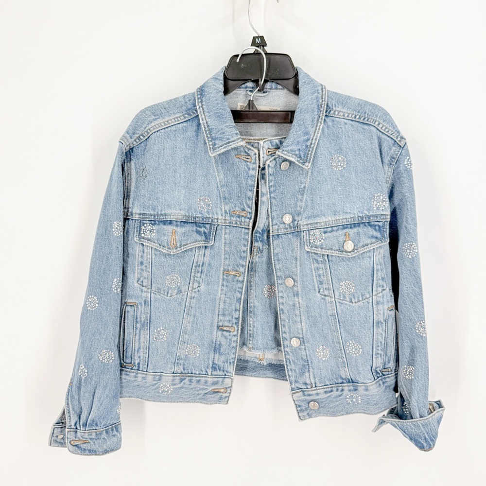Topshop Light Blue Embellished Polka Dot Jean Jacket
